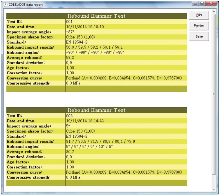 Digital Rebound Test Hammer, Digital Rebound Test Hammer, Detail of test report downloadable to PC via dedicated software